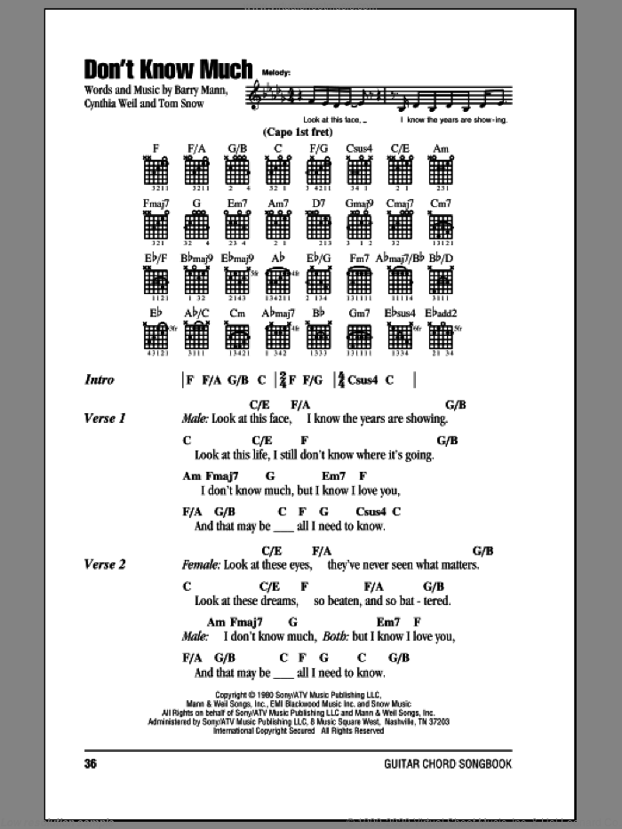 Don't Know Much sheet music for guitar (chords) by Linda Ronstadt and Aaron Neville, Aaron Neville and Linda Ronstadt, Barry Mann, Cynthia Weil and Tom Snow, wedding score, intermediate skill level