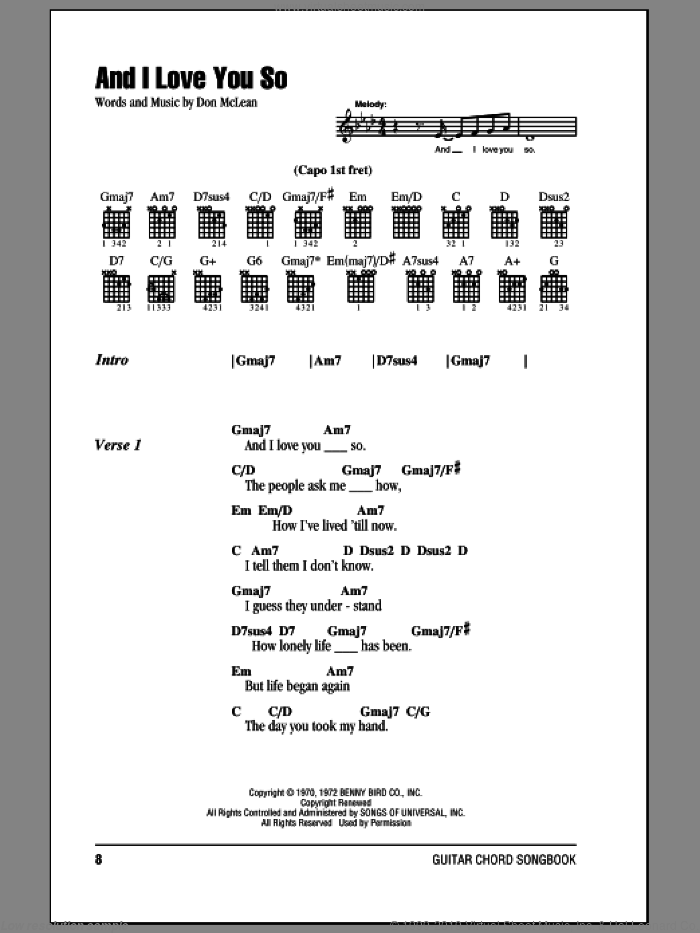 And I Love You So sheet music for guitar (chords) by Don McLean and Bobby Goldsboro, wedding score, intermediate skill level