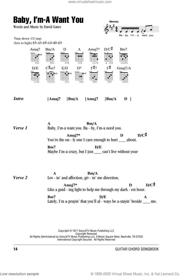Baby, I'm-A Want You sheet music for guitar (chords) by Bread and David Gates, intermediate skill level
