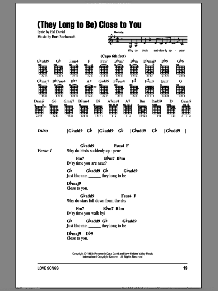 (They Long To Be) Close To You sheet music for guitar (chords) by Carpenters, Burt Bacharach and Hal David, wedding score, intermediate skill level