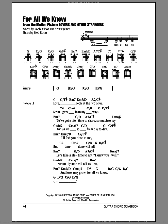 For All We Know sheet music for guitar (chords) by Carpenters, Fred Karlin, James Griffin and Robb Wilson, wedding score, intermediate skill level