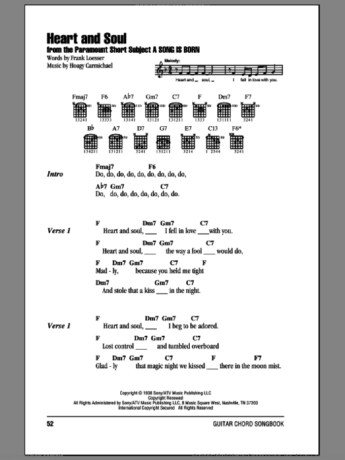 Heart And Soul sheet music for guitar (chords) by Hoagy Carmichael and Frank Loesser, wedding score, intermediate skill level