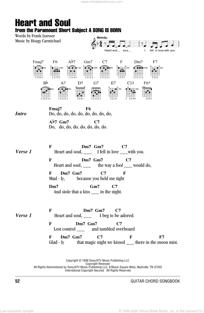 Heart And Soul sheet music for guitar (chords) by Hoagy Carmichael and Frank Loesser, wedding score, intermediate skill level