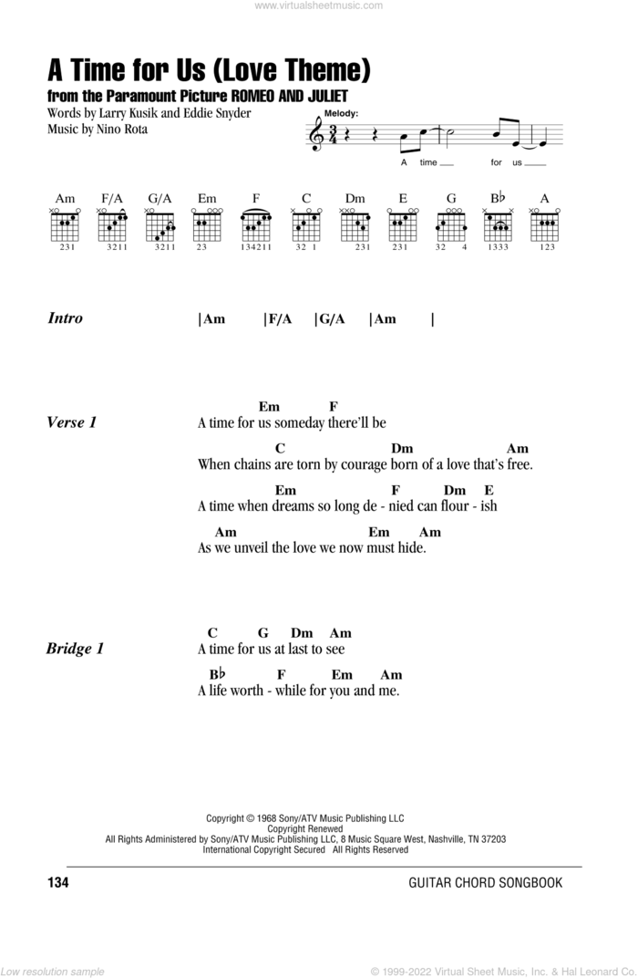 A Time For Us (Love Theme) sheet music for guitar (chords) by Nino Rota, Eddie Snyder and Larry Kusik, wedding score, intermediate skill level