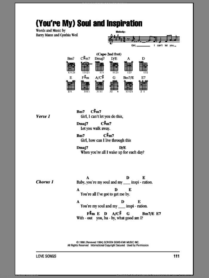 (You're My) Soul And Inspiration sheet music for guitar (chords) by The Righteous Brothers, Barry Mann and Cynthia Weil, wedding score, intermediate skill level