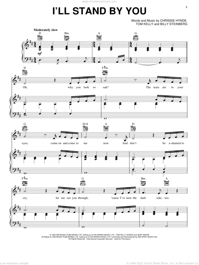 I'll Stand By You sheet music for voice, piano or guitar by The Pretenders, Billy Steinberg, Chrissie Hynde and Tom Kelly, intermediate skill level