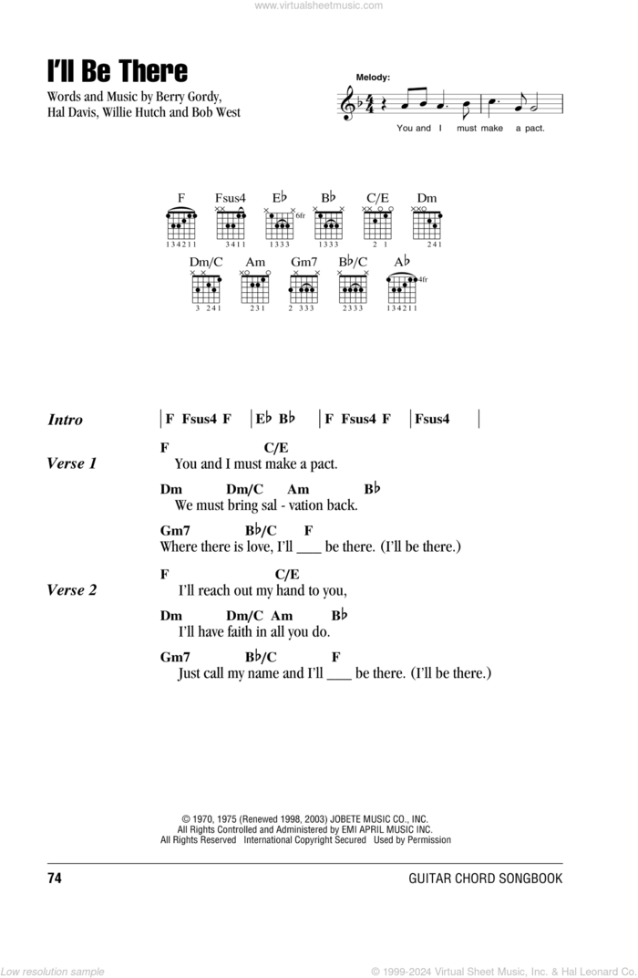 I'll Be There sheet music for guitar (chords) by The Jackson 5, Mariah Carey, Berry Gordy, Bob West, Hal Davis and Willie Hutch, intermediate skill level