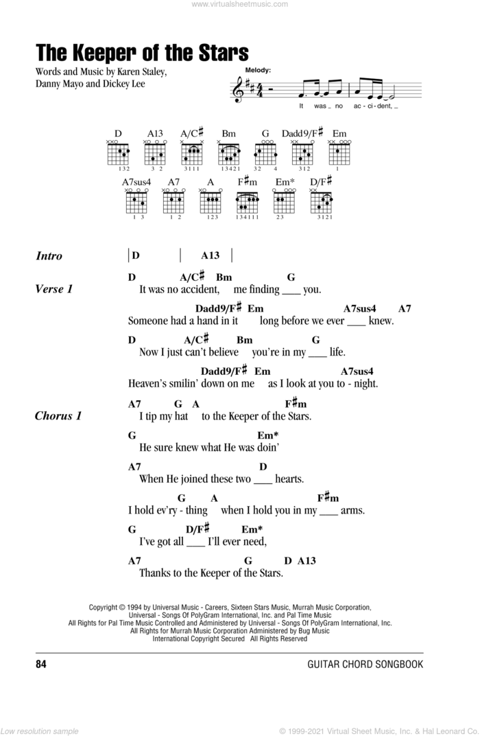 The Keeper Of The Stars sheet music for guitar (chords) by Tracy Byrd, Danny Mayo, Dickey Lee and Karen Staley, wedding score, intermediate skill level