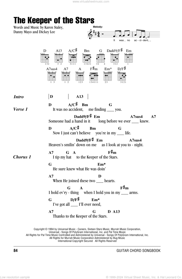 The Keeper Of The Stars sheet music for guitar (chords) by Tracy Byrd, Danny Mayo, Dickey Lee and Karen Staley, wedding score, intermediate skill level