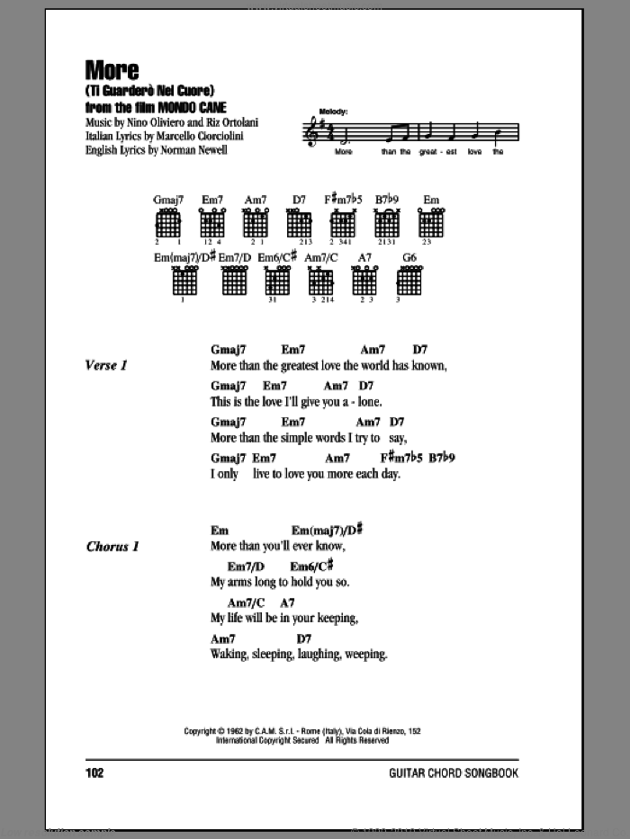 More (Ti Guardero Nel Cuore) sheet music for guitar (chords) by Marcello Ciorciolini, Nino Oliviero, Norman Newell and Riz Ortolani, intermediate skill level