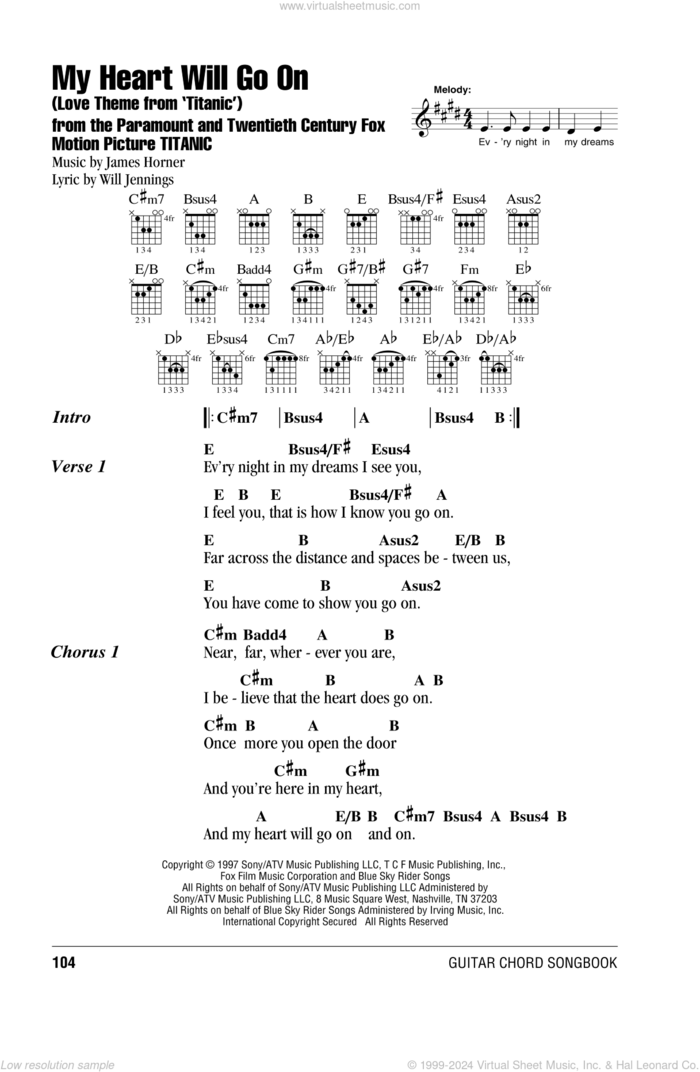 My Heart Will Go On (Love Theme from Titanic) sheet music for guitar (chords) by Celine Dion, James Horner and Will Jennings, wedding score, intermediate skill level