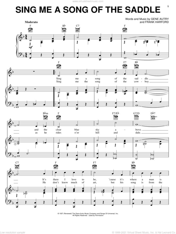 Sing Me A Song Of The Saddle sheet music for voice, piano or guitar by Gene Autry and Frank Harford, intermediate skill level
