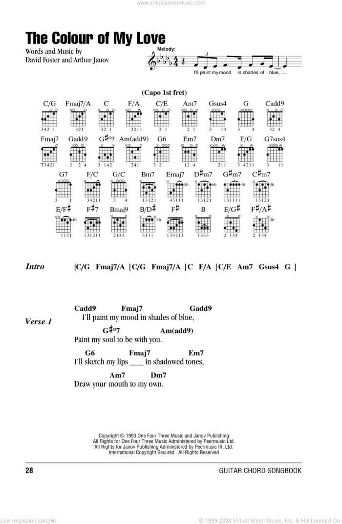 The Colour Of My Love sheet music for guitar (chords) by Celine Dion, Arthur Janov and David Foster, intermediate skill level