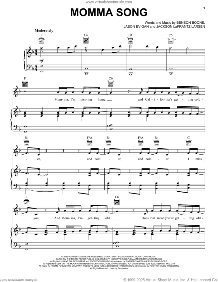 Momma Song sheet music for voice, piano or guitar by Benson Boone, Jackson Lafrantz Larsen and Jason Evigan, intermediate skill level