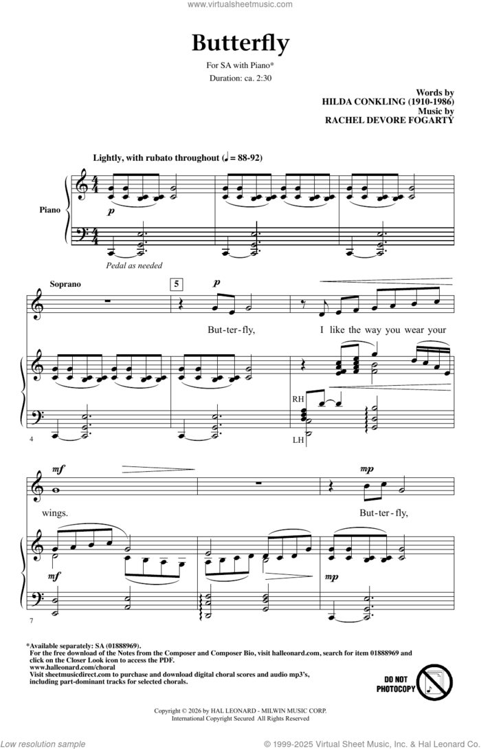 Butterfly sheet music for choir (2-Part) by Rachel DeVore Fogarty and Hilda Conkling, intermediate duet