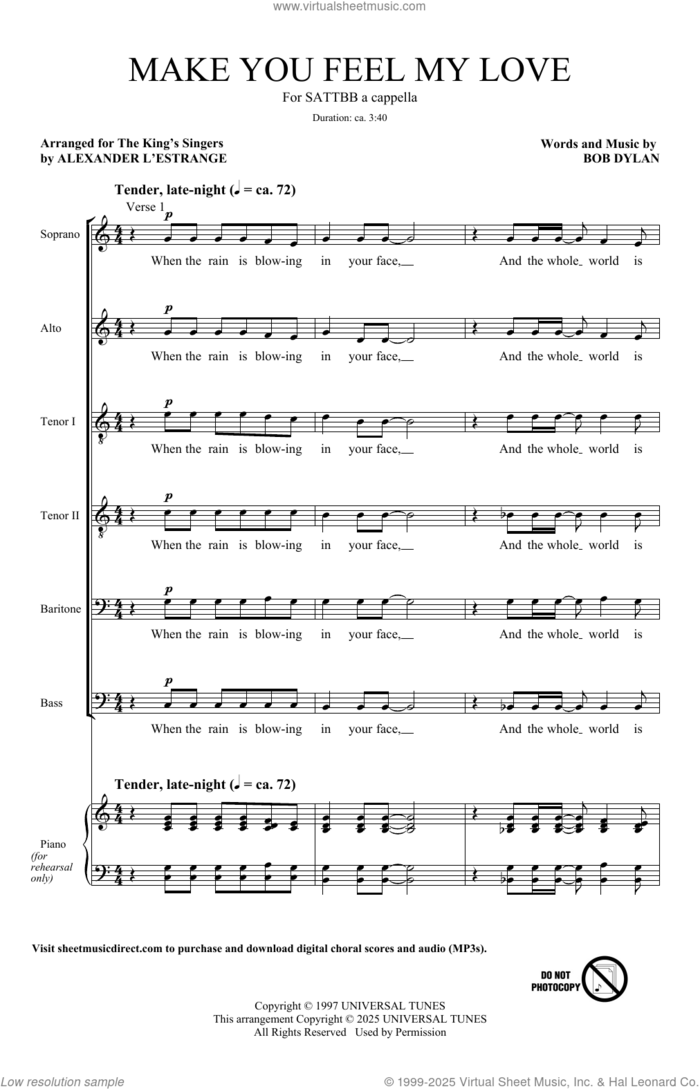 To Make You Feel My Love (arr. Alexander L'Estrange) sheet music for choir (SATTBB) by King's Singers and Bob Dylan, wedding score, intermediate skill level