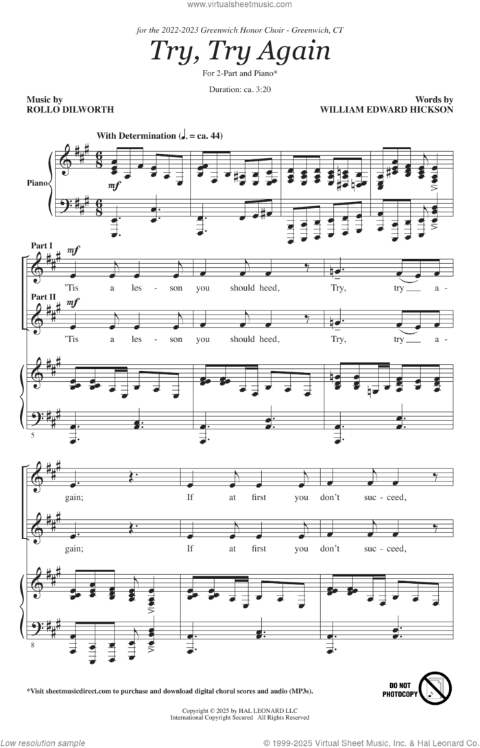 Try, Try Again sheet music for choir (2-Part) by William Edward Hickson and Rollo Dilworth, intermediate duet