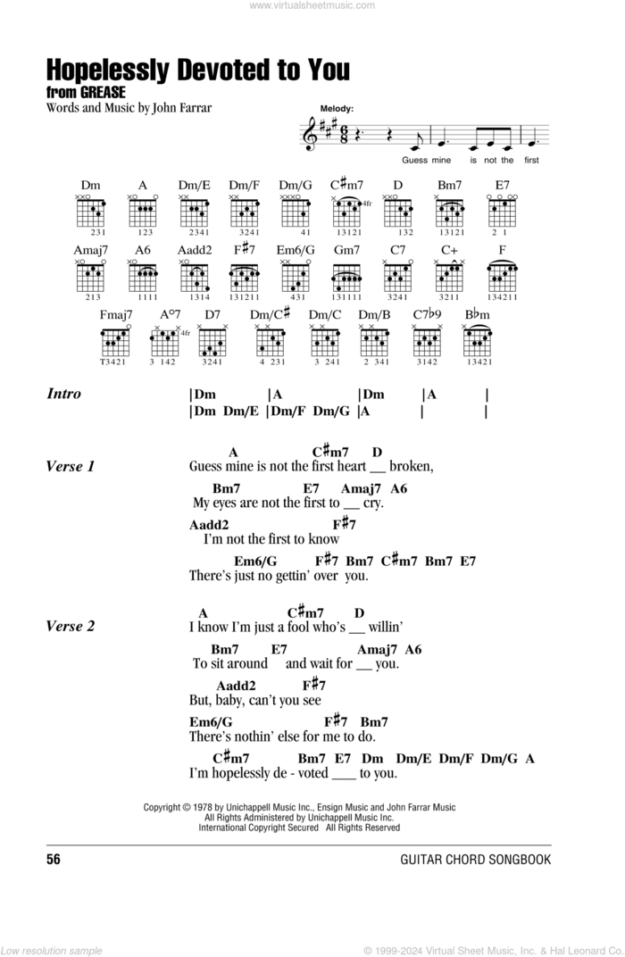 Hopelessly Devoted To You sheet music for guitar (chords) by Olivia Newton-John and John Farrar, intermediate skill level