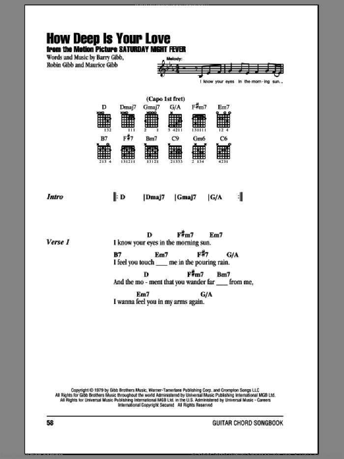 How Deep Is Your Love sheet music for guitar (chords) by Barry Gibb, Bee Gees, Maurice Gibb and Robin Gibb, intermediate skill level