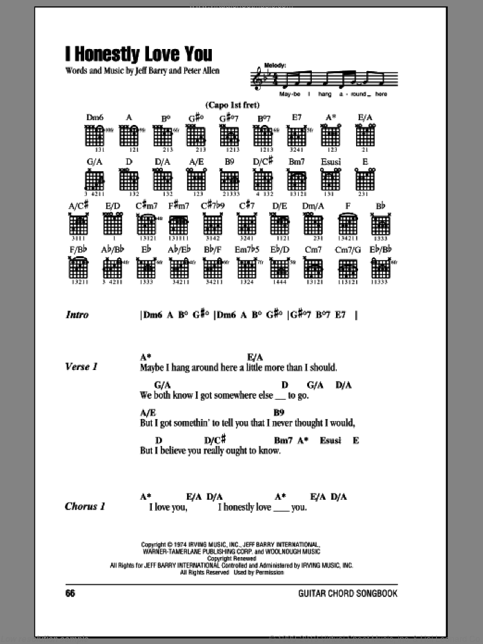 I Honestly Love You (from The Boy From Oz) sheet music for guitar (chords) by Olivia Newton-John, Jeff Barry and Peter Allen, wedding score, intermediate skill level