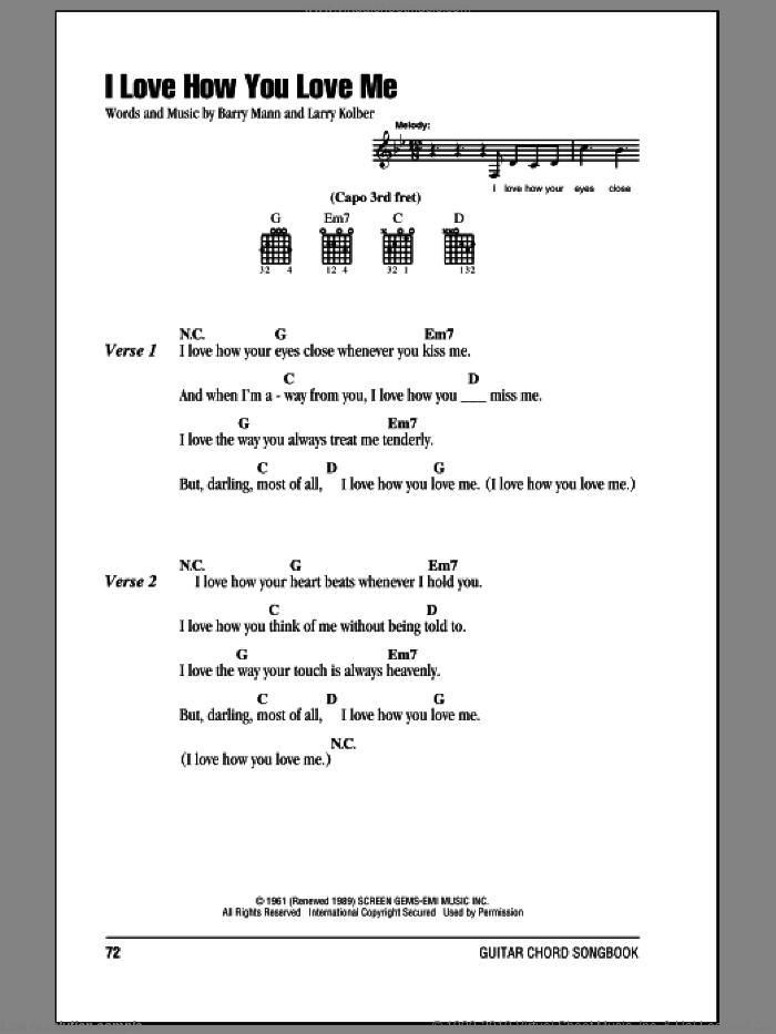 I Love How You Love Me sheet music for guitar (chords) by The Paris Sisters, Barry Mann and Larry Kolber, wedding score, intermediate skill level