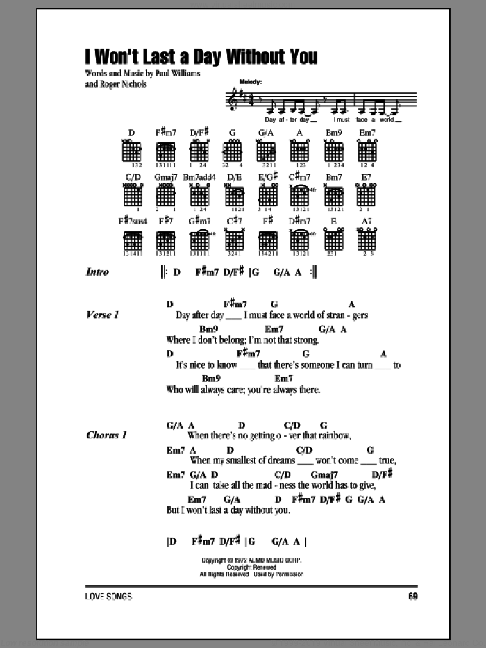 I Won't Last A Day Without You sheet music for guitar (chords) by Carpenters, Paul Williams and Roger Nichols, wedding score, intermediate skill level
