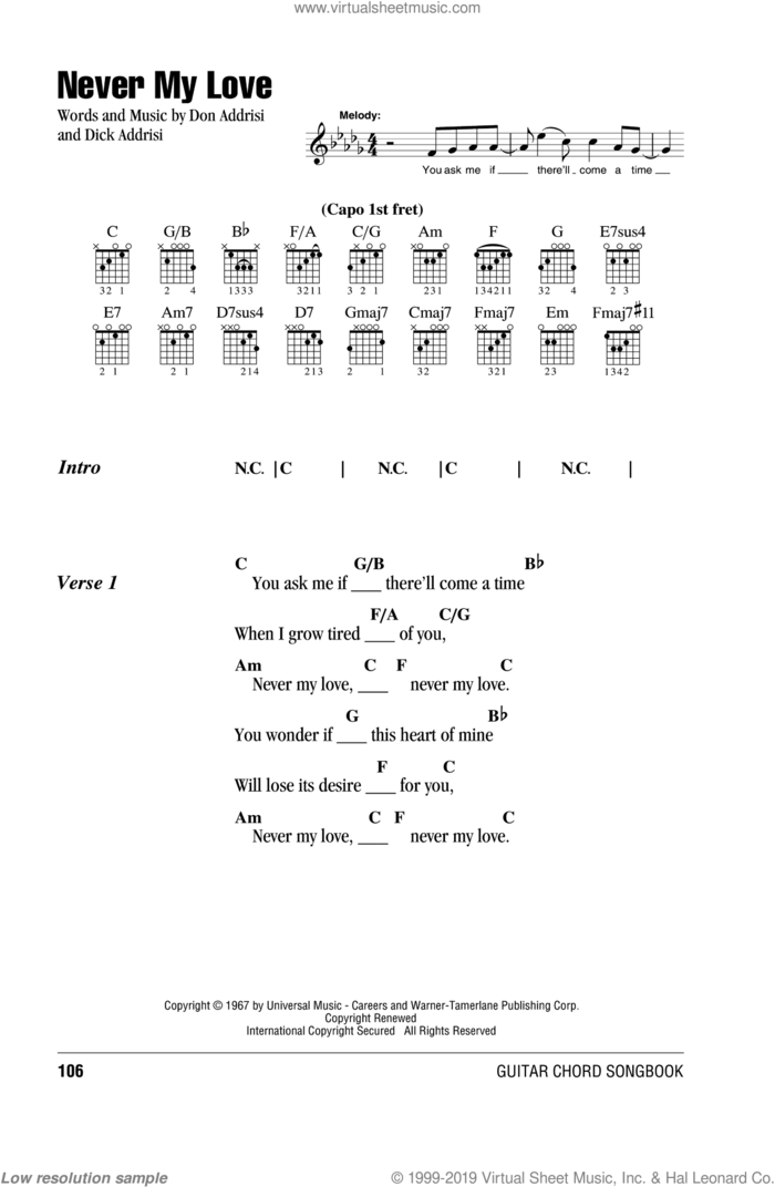 Never My Love sheet music for guitar (chords) by The Association, Blue Swede, The Fifth Dimension, Dick Addrisi and Don Addrisi, wedding score, intermediate skill level