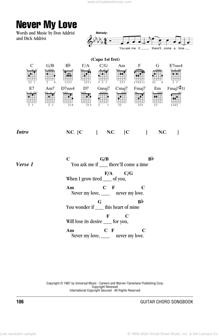 Never My Love sheet music for guitar (chords) by The Association, Blue Swede, The Fifth Dimension, Dick Addrisi and Don Addrisi, wedding score, intermediate skill level