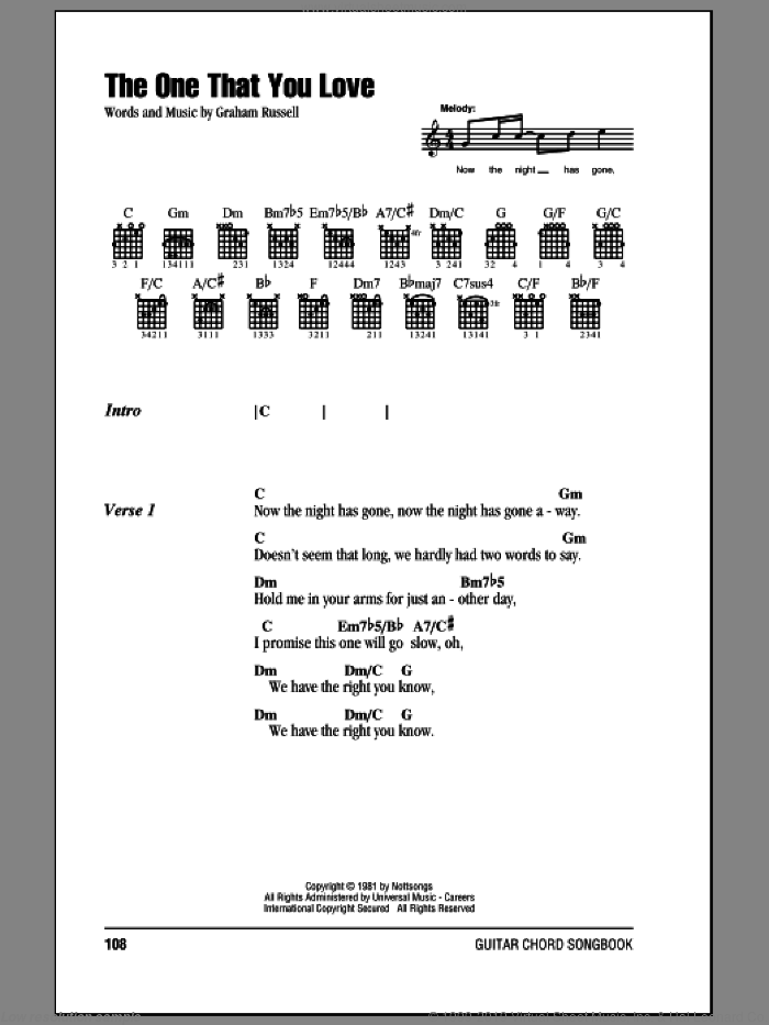 The One That You Love sheet music for guitar (chords) by Air Supply and Graham Russell, intermediate skill level