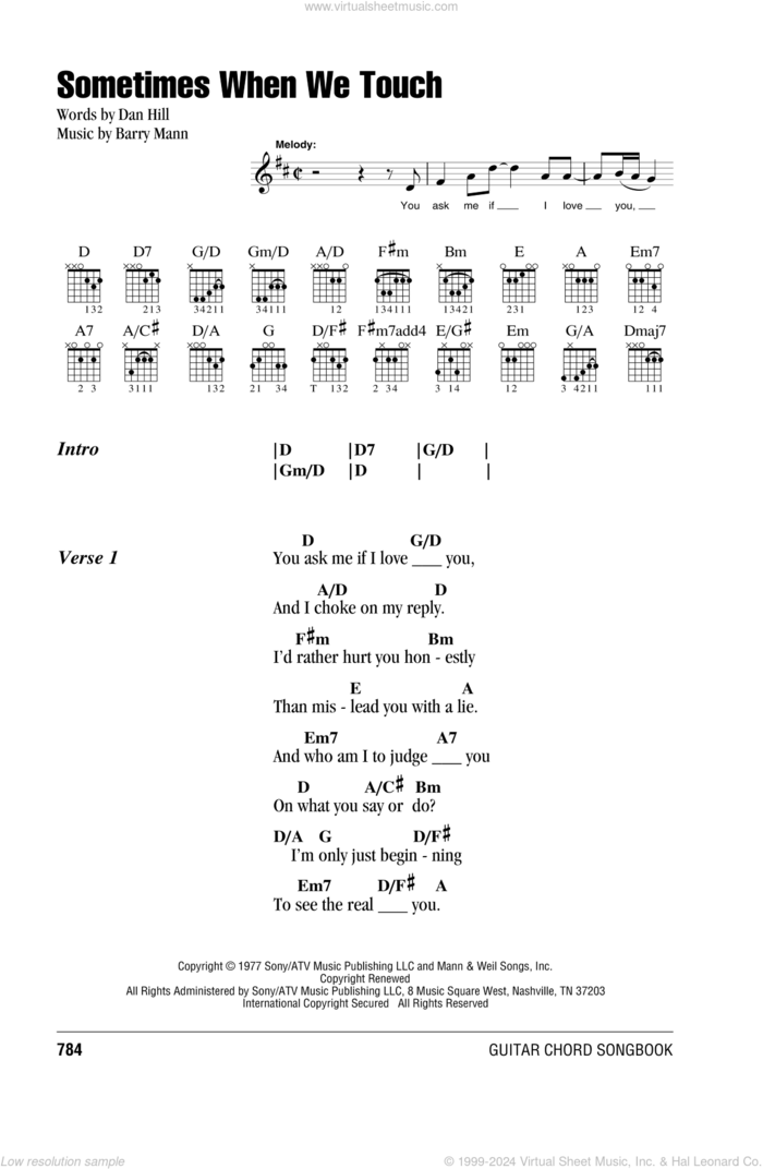 Sometimes When We Touch sheet music for guitar (chords) by Dan Hill and Barry Mann, wedding score, intermediate skill level