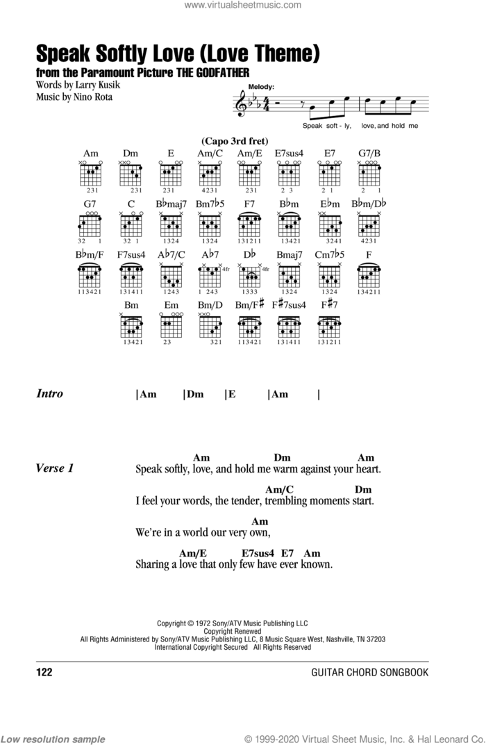 Speak Softly, Love (Love Theme) sheet music for guitar (chords) by Andy Williams, Larry Kusik and Nino Rota, intermediate skill level