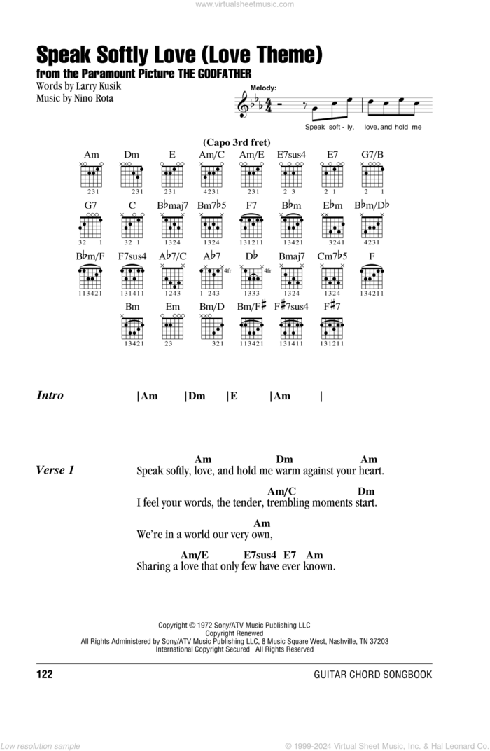 Speak Softly, Love (Love Theme) sheet music for guitar (chords) by Andy Williams, Larry Kusik and Nino Rota, intermediate skill level