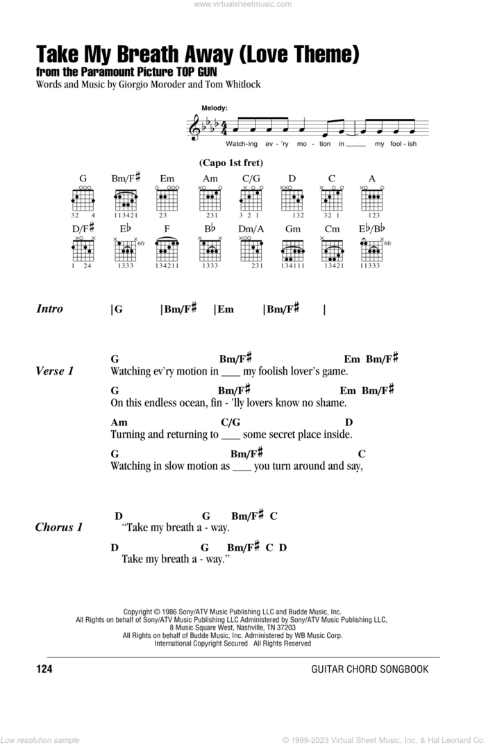 Take My Breath Away (Love Theme) sheet music for guitar (chords) by Giorgio Moroder, Irving Berlin and Tom Whitlock, intermediate skill level