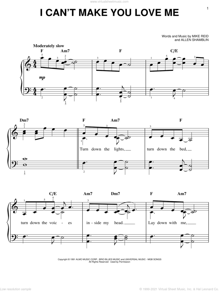 I Can't Make You Love Me sheet music for piano solo by Bonnie Raitt, George Michael, Allen Shamblin and Mike Reid, easy skill level