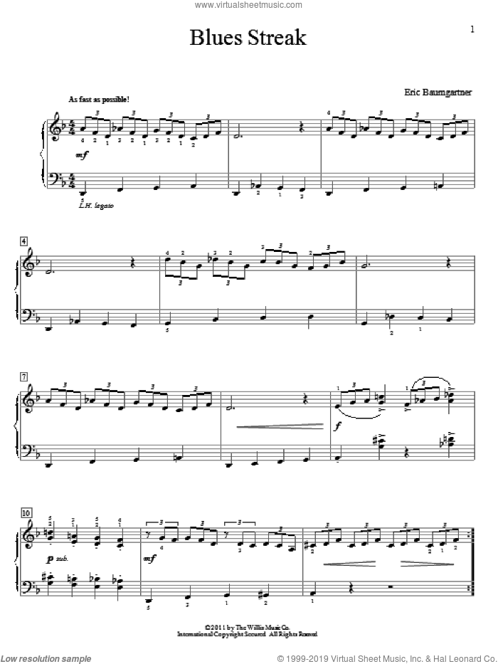 Blues Streak sheet music for piano solo (elementary) by Eric Baumgartner, beginner piano (elementary)