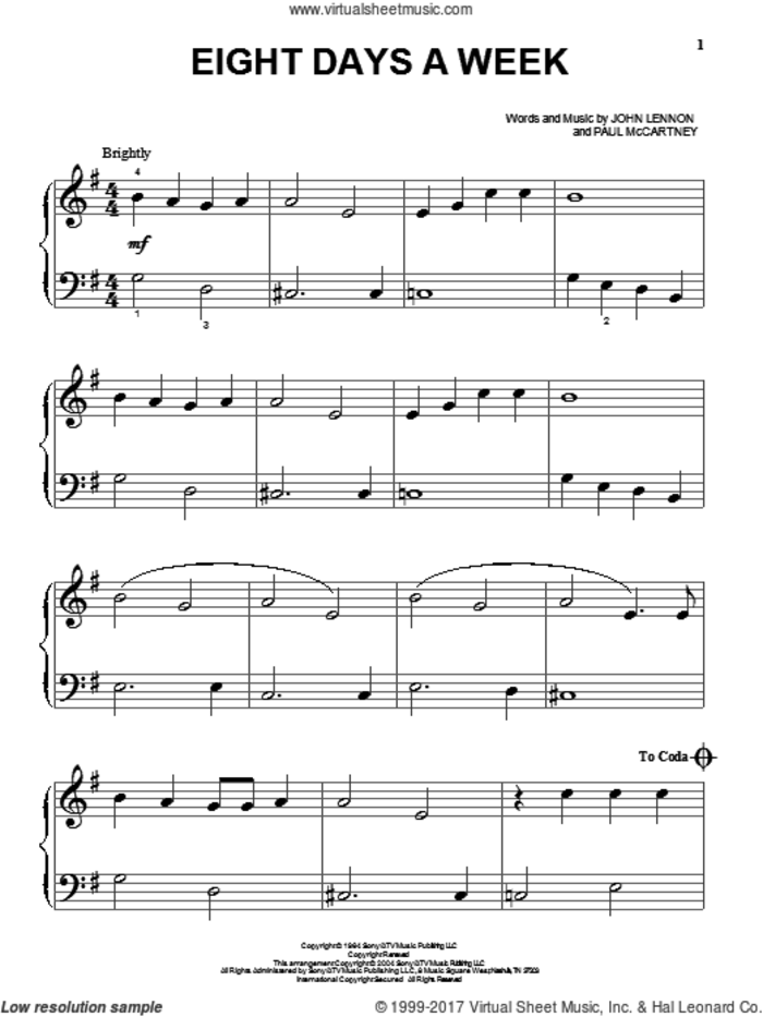 Eight Days A Week sheet music for piano solo by The Beatles, John Lennon and Paul McCartney, beginner skill level
