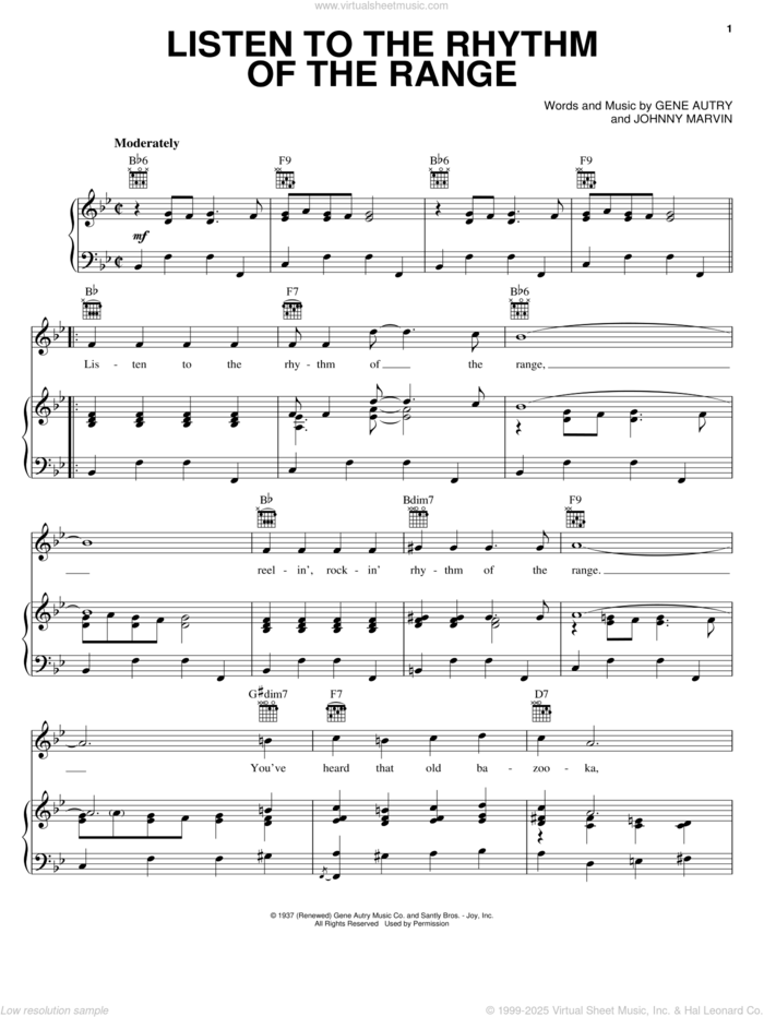 Listen To The Rhythm Of The Range sheet music for voice, piano or guitar by Gene Autry and Johnny Marvin, intermediate skill level