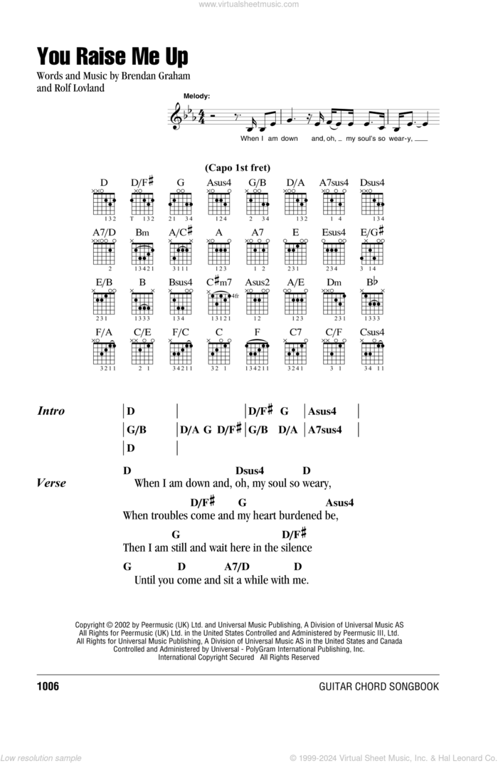 You Raise Me Up sheet music for guitar (chords) by Josh Groban, Brendan Graham and Rolf Lovland, wedding score, intermediate skill level