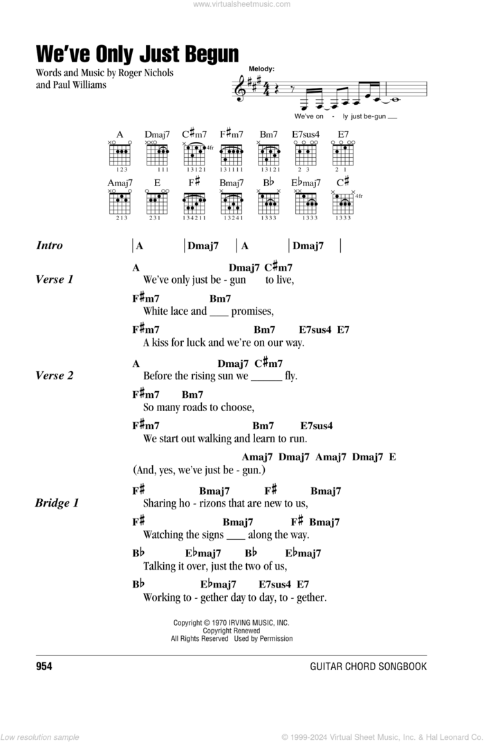 We've Only Just Begun sheet music for guitar (chords) by Carpenters, Paul Williams and Roger Nichols, wedding score, intermediate skill level