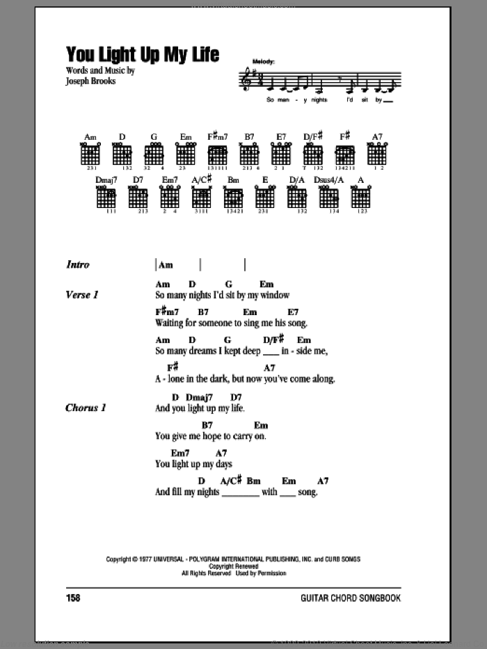 You Light Up My Life sheet music for guitar (chords) by Debby Boone and Joseph Brooks, wedding score, intermediate skill level