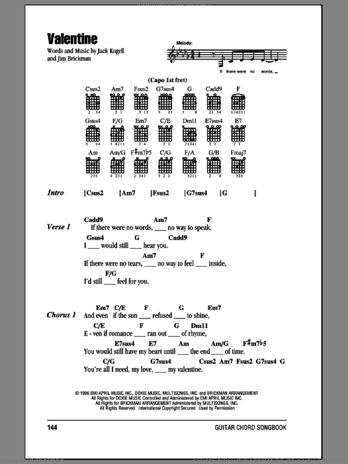 Valentine sheet music for guitar (chords) by Jim Brickman with Martina McBride, Jack Kugell and Jim Brickman, wedding score, intermediate skill level