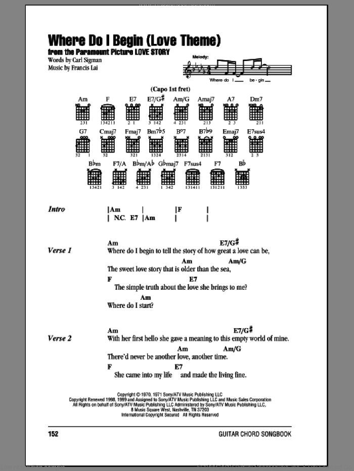 Where Do I Begin (Love Theme) sheet music for guitar (chords) by Andy Williams, Carl Sigman and Francis Lai, intermediate skill level