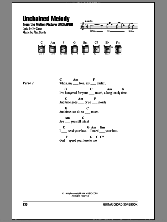 Unchained Melody sheet music for guitar (chords) by The Righteous Brothers, Alex North and Hy Zaret, wedding score, intermediate skill level