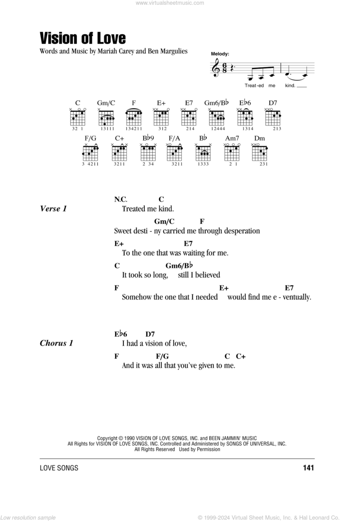 Vision Of Love sheet music for guitar (chords) by Mariah Carey and Ben Margulies, intermediate skill level