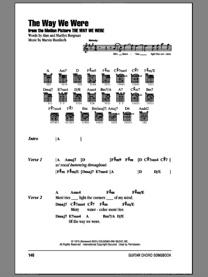 The Way We Were sheet music for guitar (chords) by Barbra Streisand, Alan Bergman, Marilyn Bergman and Marvin Hamlisch, intermediate skill level