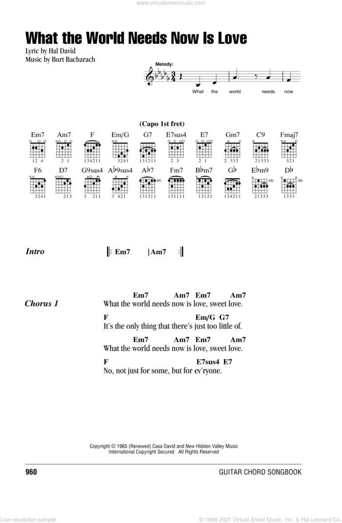 What The World Needs Now Is Love sheet music for guitar (chords) by Bacharach & David, Jackie DeShannon, Burt Bacharach and Hal David, intermediate skill level