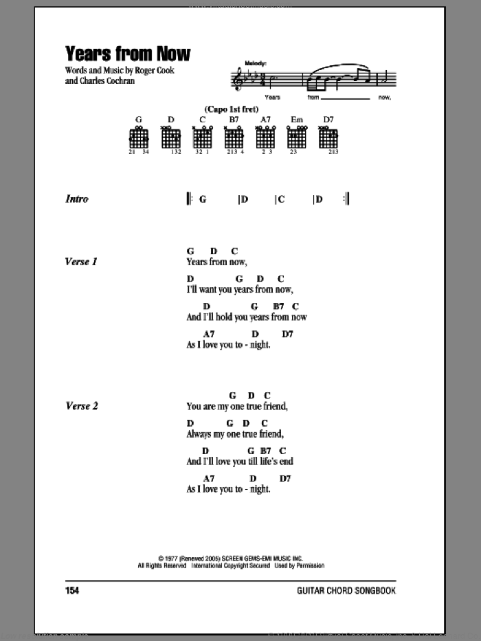 Years From Now sheet music for guitar (chords) by Don Williams, Charles Cochran and Roger Cook, wedding score, intermediate skill level