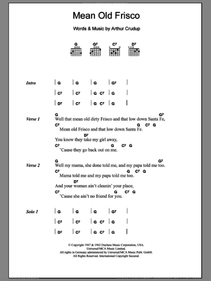 Mean Old Frisco sheet music for guitar (chords) by Eric Clapton and Arthur Crudup, intermediate skill level