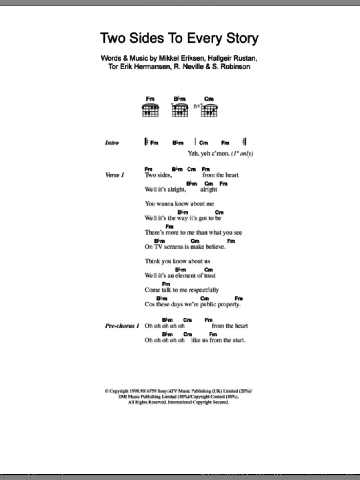 Two Sides To Every Story sheet music for guitar (chords) by Sylvia Robinson, Ben Folds Five, Hallgeir Rustan, Mikkel Eriksen, R. Neville and Tor Erik Hermansen, intermediate skill level