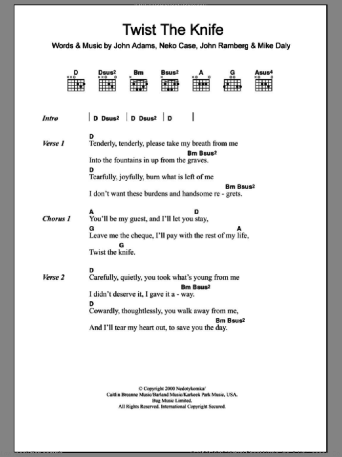 Twist The Knife sheet music for guitar (chords) by Neko Case, John Adams, John Ramberg and Mike Daly, intermediate skill level